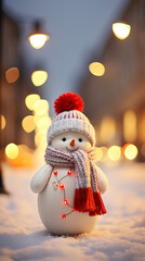 Obraz premium Super cute little snowman in the street, wearing knitted red scarf and beanie hat created with Generative Ai