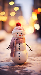 Super cute little snowman in the street, wearing knitted red scarf and beanie hat created with Generative Ai