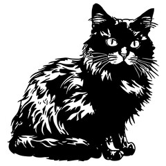 Black and white illustration of a fluffy cat with a mustache who sits with his tail tucked up.