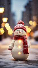 Super cute little snowman in the street, wearing knitted red scarf and beanie hat created with Generative Ai