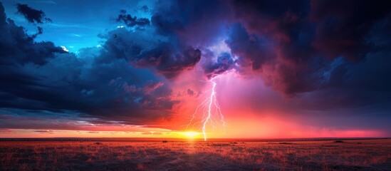 A lightning bolt in a plain with a vivid sunset and stormy skies.