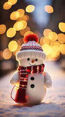 Super cute little snowman in the street, wearing knitted red scarf and beanie hat created with Generative Ai