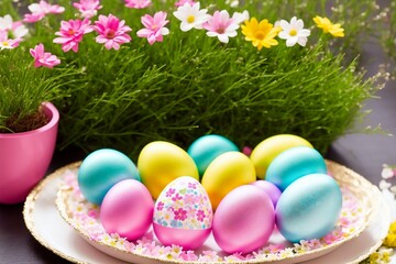Fototapeta premium Easter table setting with colored eggs and flowers. Selective focus.