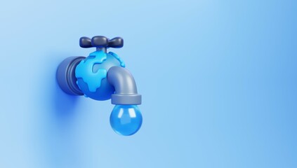 World Water Day concept. Water tap with water drop isolated on blue background. 3D illustration cartoon style.