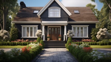 A realistic 3D rendering of a home icon, featuring a house with a welcoming front entrance and beautiful landscaping.
