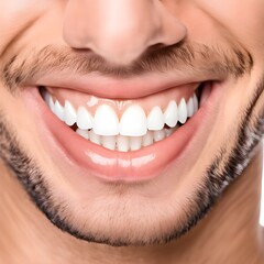 a close up photo of the lower part of a male face. handsome cute smile with very clean perfect teeth. chin, nose and mouth visible. dental service advertisement. white background.
