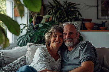 Fototapeta premium 55 years old woman and 60 years old man looking happy and loving, on the white sofa living room with Plant background.