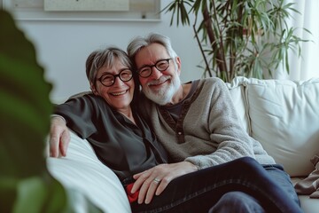 Obraz premium 55 years old woman and 60 years old man looking happy and loving, on the white sofa living room with Plant background.