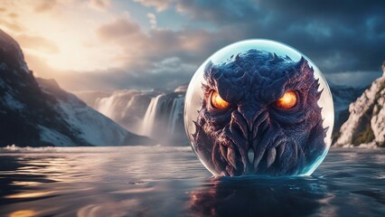 landscape with moon highly intricately photograph of   demon monster head on white background.  inside glass orb