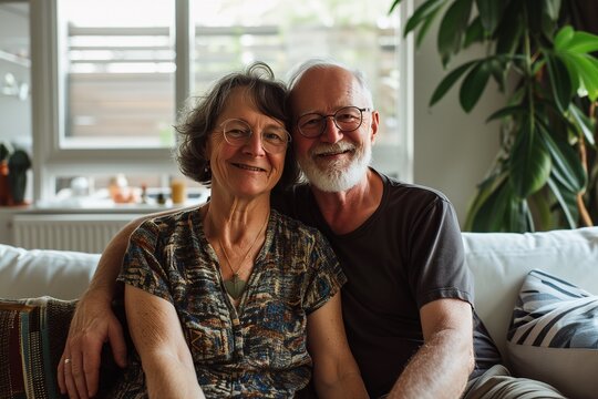 55 years old woman and 60 years old man looking happy and loving, on the white sofa living room with Plant background.