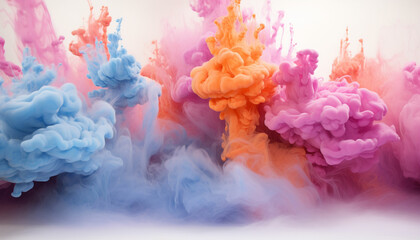 Fototapeta premium Generate fluffy, cloud like formations of colorful powder in the frame, giving the appearance of soft and billowy clouds against a pristine white background.