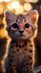 Super cute cheetah wearing heart shape pink glasses looking from the jungle forest created with Generative Ai