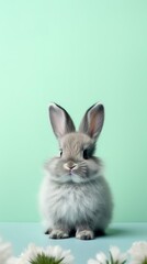 Obraz premium Cute bunny little ears, grey rabbit on green background, Easter celebrations and pet care with copyspace for text.