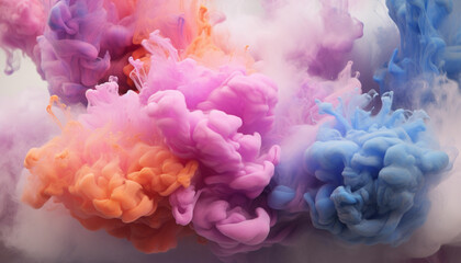 Obraz premium Generate fluffy, cloud like formations of colorful powder in the frame, giving the appearance of soft and billowy clouds against a pristine white background.