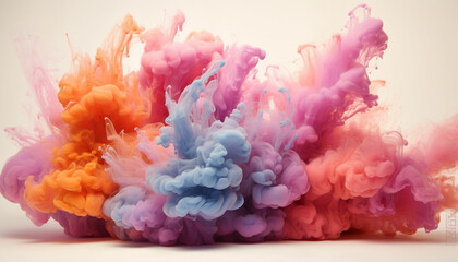 Fototapeta premium Generate fluffy, cloud like formations of colorful powder in the frame, giving the appearance of soft and billowy clouds against a pristine white background.