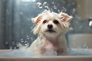 Cute dog in a small tub with soap suds and bubbles, portrait of a cute dog taking a bath, dog hygiene - obrazy, fototapety, plakaty