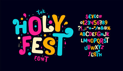 Vibrant Holi Festival alphabet, spirited and colorful letters, joyous event font for lively invitations, energetic headline, playful typography for festive designs and promotional. Vector typeset