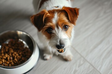 top view jack russell terrier eating from a bowl at home, looking at camera, pets care, veterinarian, animal friends
