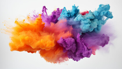 Fototapeta premium Generate fluffy, cloud like formations of colorful powder in the frame, giving the appearance of soft and billowy clouds against a pristine white background.