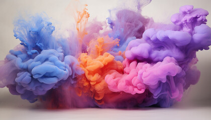 Obraz premium Generate fluffy, cloud like formations of colorful powder in the frame, giving the appearance of soft and billowy clouds against a pristine white background.