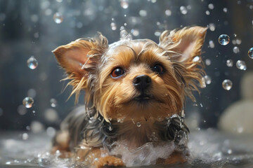 Cute dog in a small tub with soap suds and bubbles, portrait of a cute dog taking a bath, dog hygiene