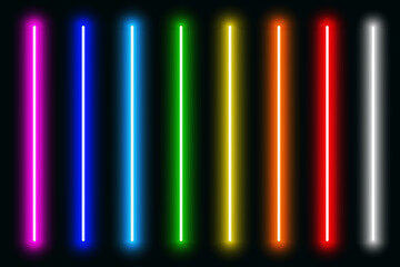 Luminous neon lines isolated, lights lines set in different rainbow colors, retro led neon lamp tube, glowing laser beams streaks on dark background - obrazy, fototapety, plakaty