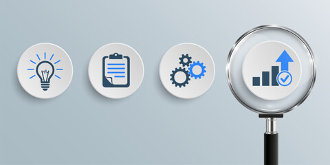 Steps to achieve planned goals from idea to implementation and success, business concept analysis with magnifier to find a solution