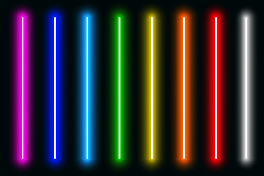 Luminous neon lines isolated, lights lines set in different rainbow colors, retro led neon lamp tube, glowing laser beams streaks on dark background