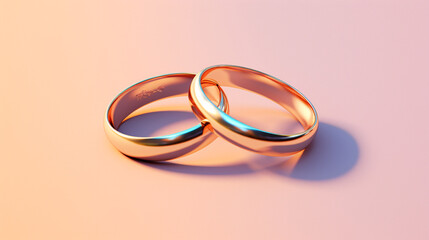 Hyper realistic pair of gold wedding rings on a pastel color background created with Generative Ai
