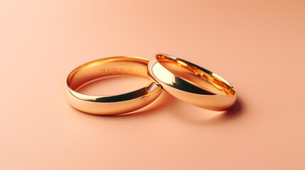Hyper realistic pair of gold wedding rings on a pastel color background created with Generative Ai