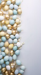 Pastel blue and gold Easter eggs adorned with golden soft background for festive celebrations, copyspace for text.