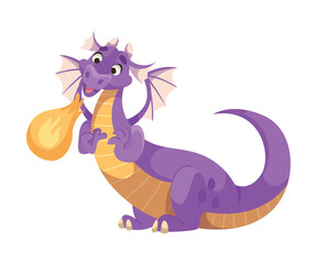 Fairy Purple Dragon as Horned Legendary Creature with Wings Vector Illustration