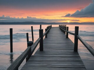 Obraz premium Wooden pier on the beach at beautiful sunset in the evening