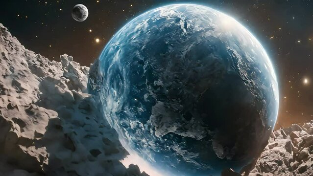 A blue planet crashes into a huge asteroid. A planetary catastrophe of planetary proportions. Generative AI