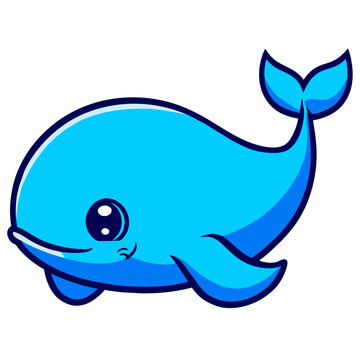 Blue whale swimming underwater in ocean with tail and fins, cartoon vector illustration
