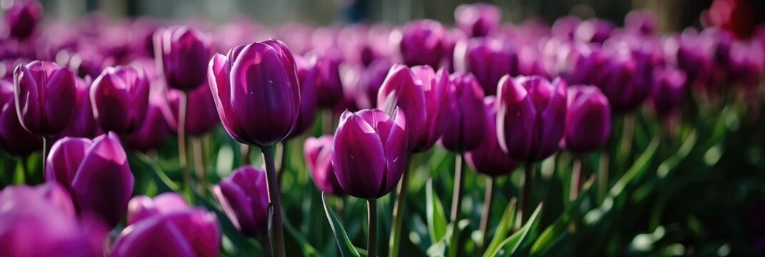 Purple tulips in a garden. Close-up photography of tulips with bokeh background. Floral banner. Spring and gardening concepts.