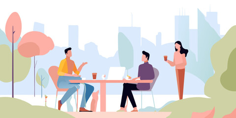 Two guys are sitting at a table in a street cafe on the terrace against the backdrop of a park and trees, a girl is standing next to her with a cup of coffee, vector illustration