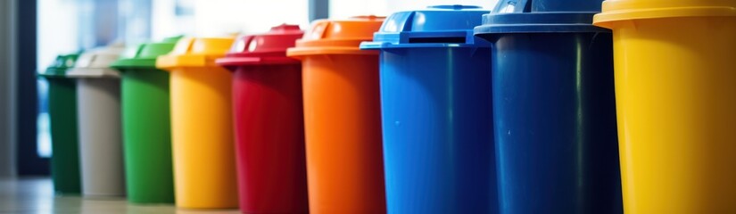 Colorful trash bins in the city. Colorful recycle bins in a row on city. Concept of recycling and environmental protection. Recycling concept.