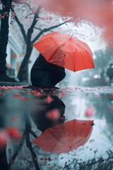Woman with red umbrella is crouching down under umbrella,  reflections and mirroring, soft and dreamy, cherry blos