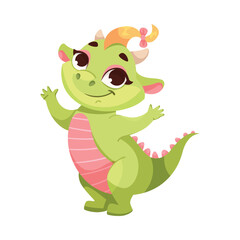 Fairy Green Baby Dragon as Horned Legendary Creature Vector Illustration