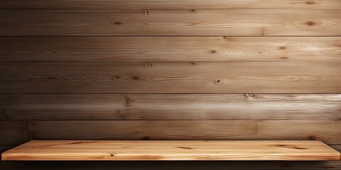 Wooden wall background with empty top shelf or counter for product display.