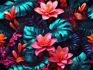 photo realistic Y2K aesthetic exotic flowers and tropical leaves opulent pattern, neon lighting, HDR