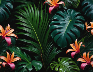 photo realistic Y2K aesthetic exotic flowers and tropical leaves opulent pattern, neon lighting, HDR