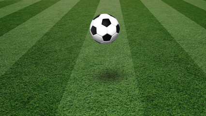Soccer ball bouncing on green football field illustration background.