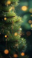Obraz na płótnie Canvas Hyper realistic christmas tree green spruce branch, lights created with Generative Ai
