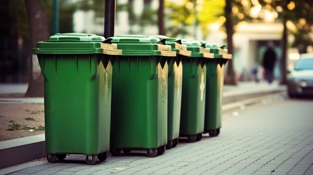 Colorful trash bins in the city. Colorful recycle bins in a row on city. Concept of recycling and environmental protection. Recycling concept.