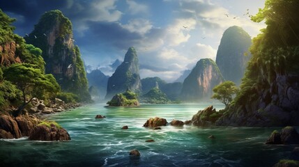 Paisaje pintoresco.Oceano y montañas.Viajes y aventuras alrededor del mundo.Islas de Tailandia.Phuket - obrazy, fototapety, plakaty