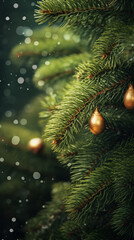 Obraz na płótnie Canvas Hyper realistic christmas tree green spruce branch, lights created with Generative Ai