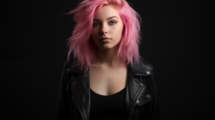 Caucasian woman with pink hair and dark rock-style clothes on a black background