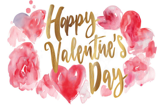 Golden Typography of Happy Valentines Day lettering with watercolor red hearts isolated on transparent background